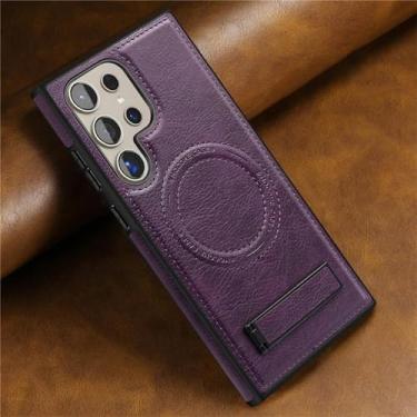 Imagem de HPQWN Para S24 Plus Luxo Couro Magnético Dobrável Suporte Case Carregamento Sem Fio À Prova de Choque Capa Macia (Para S24 Plus/Roxo Profundo)