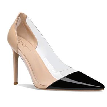 Imagem de Petit Cadeau Lenora – Sapato feminino transparente e sexy bico fino sem cadarço com salto alto stiletto de 10 cm. Feito à mão com perfeição., Beige-black, 13