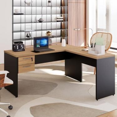 Imagem de Mesa para Escritório Diretor em L com Gaveteiro Suspenso Marrom/Preto