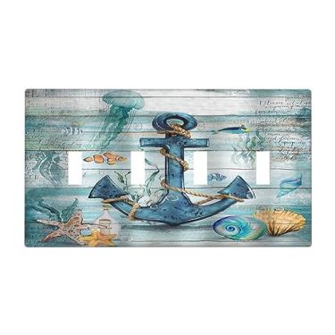 Imagem de Capa de interruptor de luz retro azul âncora quádruplo tema náutico rústico vintage placa de madeira 4 placas de parede capa estrela do mar concha oceano placas de interruptor elétrico para decoração de arte de banheiro