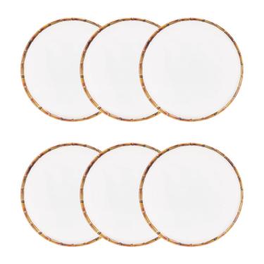Imagem de 6 Unidades De Pratos Rasos De Melamina Branco Borda Bambu Para Jantar - 27cm