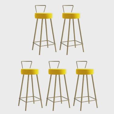 Imagem de Kit 05 Banqueta Alta Com Encosto Tais Eiffel Cozinha Bar Bistrô Ferro Dourado Corino Amarelo - Ahz Móveis
