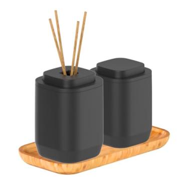 Imagem de Kit Banheiro 3pçs Lavabo Porta Algodão Cotonete Difusor Aromatizante E Bandeja De Bambu Aura Ou (Preto)