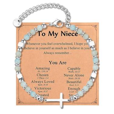 Imagem de Beljeley Pulseira de cruz da amizade cristã para mulheres, corrente de elos com contas - Presente inspirador perfeito para filha, sobrinha, irmã e amiga, One Size, Aço inoxidável, Sem Pedra Preciosa