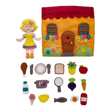 Imagem de Quietbook de Brinquedo Educativo de Feltro 21cm, Casa de Boneca com Acessórios de Cozinha e Alimentos, Conjunto de Brincadeira Interativa