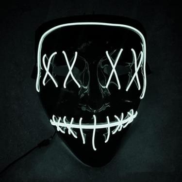 Imagem de JIAOZI Máscara de Halloween, máscara de LED iluminada, máscara assustadora para festivais, cosplay, fantasia de Halloween, baile de máscaras (branca), G