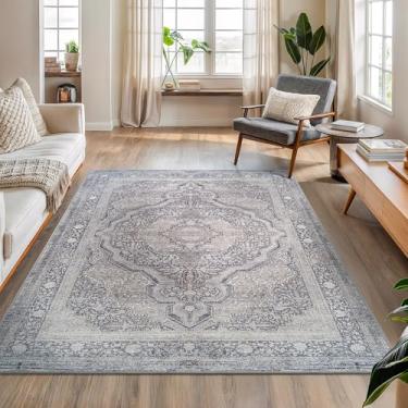 Imagem de Bloom Rugs Tapete lavável antiderrapante 1,8 m x 1,8 m - azul/aço cinza/bege tradicional medalhão tapete de área para sala de estar, quarto, sala de jantar e cozinha - Tamanho exato: 1,5 m x 2,8 m