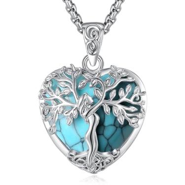 Imagem de EUDORA Colar de coração da árvore da vida turquesa para mulheres cobre banhado a prata, pingente de árvore mãe deusa, joias de cristal, presentes de meditação de ioga para mulheres, mães, mãe, esposa