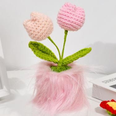 Imagem de YUNBIAOSEN Tulipa de crochê de tricô em vaso de plantas – flores rosa tulipa de crochê para decoração de escritório em casa, decoração de carro, presente para família, mãe e amante (rosa)