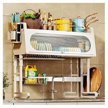 Imagem de AKALNNB Escorredor de louça, escorredor de pratos sobre a pia, prateleira organizadora expansível multifuncional de 2 níveis, rack de pratos com economia de espaço, com porta de armário (cor: branco