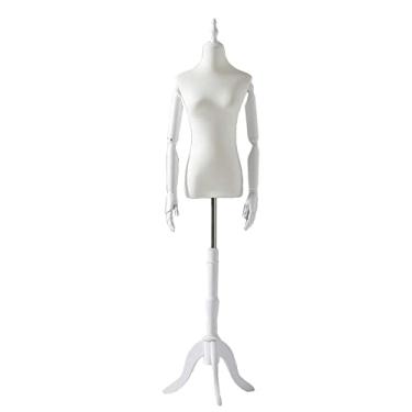 Imagem de CUTPOIY Manequim feminino com base de suporte de tripé de madeira, manequim de corpo torso branco para exibição de roupas femininas, altura ajustável (cor: sem braços, tamanho: P) (com braços médios)