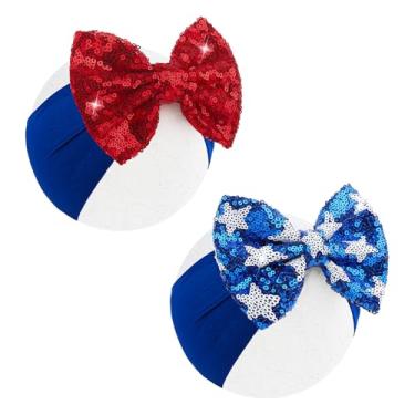 Imagem de Lanmerry Faixa de cabeça azul vermelha de 4 de julho, laço de lantejoulas com glitter, laço de cabelo para meninas e crianças pequenas, acessórios para bebês