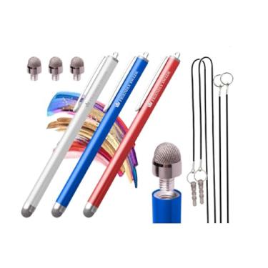 Imagem de Caneta Stylus Suéter Suéter Suéter Substituível Micro-tricô Ponta de Malha – Estilo Capacitivo Touchscreen, Estilo Tablet com Cordões, Pano de Limpeza de Tela e Dicas de Substituição (Pacote com 3), Blue + White + Red