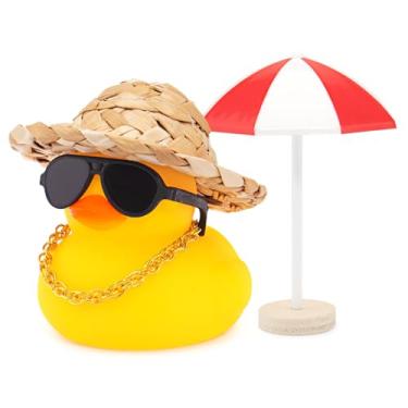 Imagem de Wonuu Ornamentos de carro de pato de borracha para painel de carro com chapéu de palha, guarda-chuva vermelho