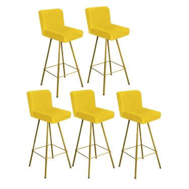 Imagem de Kit 05 Banqueta Alta Lexi Com Encosto Cozinha Bar Balcão Bistrô Ferro Dourado Suede Amarelo