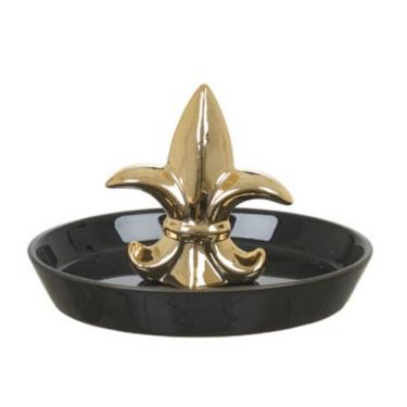 Imagem de Porta Anel Cerâmica Flor De Lis Preto e Dourado 10,5x13,5xcm