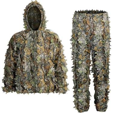 Imagem de SCYLFEHDP Ternos Ghillie, traje de Ghille frondoso 3D, roupas de camuflagem de airsoft de caça com capuz para caça na selva, tiro, airsoft, fotografia de vida selvagem ou Halloween.
