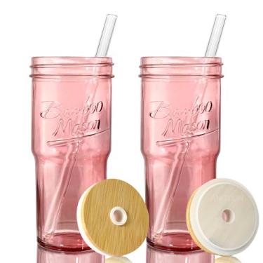 Imagem de ANOTION Copos De Vidro Com Tampa E Canudos, Caneca Viagem Café 24 Oz, Copo Rosa, Jarra Bambu, Gelado, Smoothie, Chá, Água Transparente, Jarras,