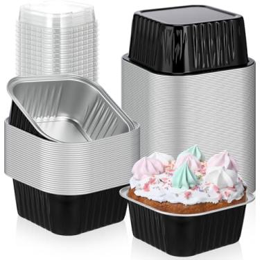 Imagem de Skylety 100 peças, mini assadeira quadrada de 142 g com tampa, forma de cupcake de alumínio, copo de brownie, descartável, ramequins individuais, recipientes de sobremesa para cozinha (preto)