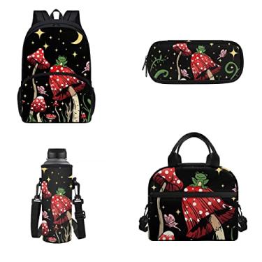 Imagem de FUIBENG Mochila Infantil Cogumelo Sapo Fofo Com 4 Peças, Escolar Para Meninas, Lua E Estrelas, Lancheira Térmica, Bolsa Transversal Água, Estojo Lápis, Conjuntos Escolares Infantis Viagem/Esportes/C