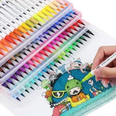 Imagem de Kit de 48 Canetas Ponta Dupla coloridas, Canetas Hidrográficas 2 em 1, Pincel Lettering, Bullet Journal e Caligrafia e Desenhos Cores Atóxicas e à Base de Água - Ideal para Artistas e Estudantes