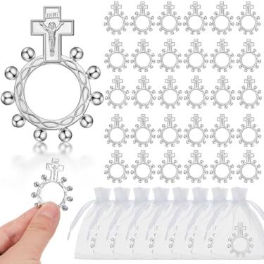 Imagem de Landical Anéis religiosos de terço de dedo, pequenos bolsos, cruz, oração, anéis católicos com 30 sacos de organza para homens e mulheres, lembrancinhas de batismo, suprimentos de chá de bebê, Metal
