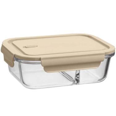 Imagem de Marmita Hermética com Divisória 1L Pote de Vidro Borossilicato Tampa Capuccino Retangular UZ