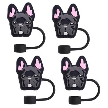 Imagem de Topos de palha de buldogue francês para copos Stanley; tampas de palha compatíveis com Stanley copo de 30 e 1,134 g, topo de canudos reutilizáveis e de silicone para pontas de 0,4 polegadas/10 mm, 4