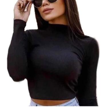 Imagem de Blusa cropped manga longa gola alta malha canelada  feminino - moda fi