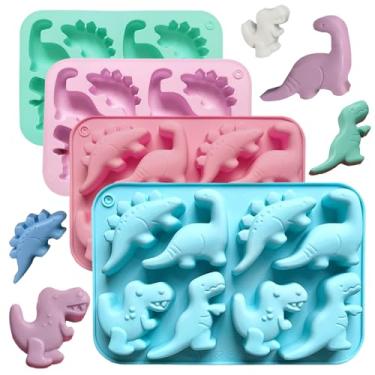 Imagem de 4 moldes de silicone para dinossauros - Nugget de frango, picolé e máquina de doces de chocolate - antiaderentes, adequados para lanches infantis, festas e moldes criativos de dinossauro (4 cores)