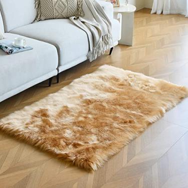Imagem de duduta Tapete de pele de carneiro sintética bege 0,9 x 1,5 m, tapete felpudo fofo para quarto de dormir, berçário, sala de jogos, antiderrapante, lavável