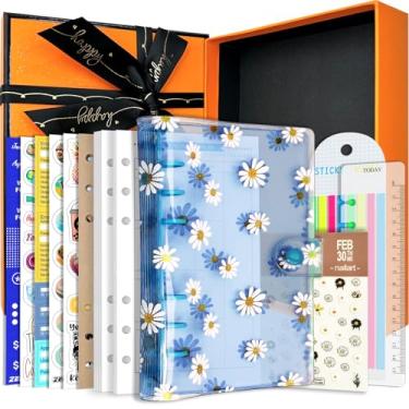 Imagem de Organizador pessoal A6 A5 com capa de PVC colorida de 6 furos com fecho de botão de pressão, pasta de arquivo para caderno de folhas soltas (margarida azul, caixa de presente A6)