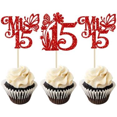 Imagem de Ephlyn 24Pcs Mis 15 Cupcake Toppers Glitter Mis Quince 15 Feliz 15 Años Cupcake Picks Hello 15 Fabulous Cupcake Decorations for Cheers to 15 Happy 15th Birthday Party Cake Decorations Red