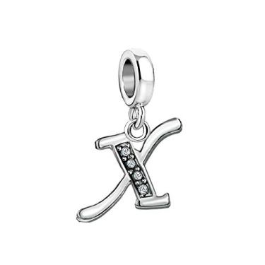 Imagem de MiiFort Pingente de letra X para pulseiras Pandora Charms para mulheres, nome, família, alfabeto, prata, zircônia cúbica