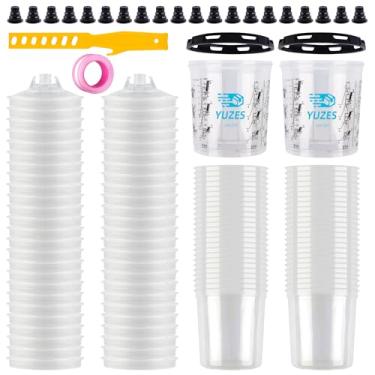 Imagem de YUZES Sistema de copos de mistura de tinta 600 ml (600 ml), 50 forros e tampas de copos de tinta descartáveis, filtro de 125 mícrons, 2 copos rígidos com anel retentor, 20 plugues, fita PTFE, agitador