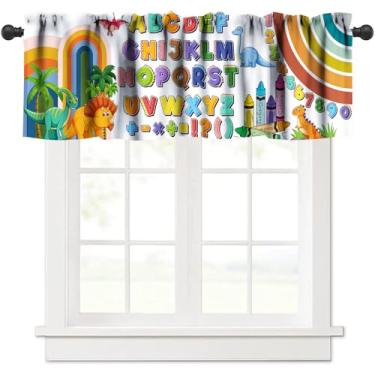 Imagem de Cortina ABC alfabeto sanefa para crianças, tema de dinossauro de desenho animado colorido ABC alfabeto divertido, educação, impressão, tratamento de janela, sanefa, bolso para varão, cortina curta