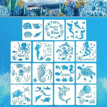 Imagem de 16 peças de estêncil de criatura do oceano marinho para pintura em madeira - conjunto de animais marinhos - concha sereia polvo estêncil para placas - decoração de parede de casa de fazenda faça você mesmo, modelos reutilizáveis estêncil (15,24 x 15,24 cm)