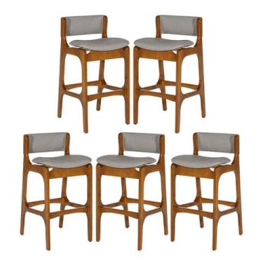 Imagem de Kit 5 Banquetas Alta Ella em Madeira Estofada Facto Cinza Claro L96 RM