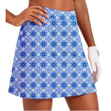 Imagem de Ekouaer Shorts-saia atlético feminina leve de golfe shorts internos bolso tênis corrida treino esportivo skorts, Blue Pattern, M