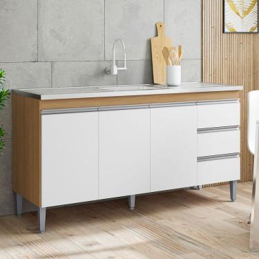 Imagem de Balcão De Pia Sem Tampo 160 Cm 3 Portas 3 Gavetas Adriana Amêndoa/branco