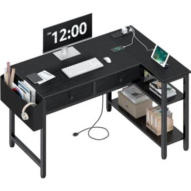 Imagem de DLisiting Mesa de canto preta para pequenos espaços com gavetas, mesa de computador reversível em forma de L para jogos com prateleiras de armazenamento para crianças, meninos, mesas de escritório de