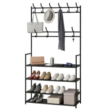Imagem de Sapateira Organizador com Cabideiro de Chão e 4 Prateleiras Arara Multiuso Vertical para Roupas, Bolsas e Sapatos (Preto)