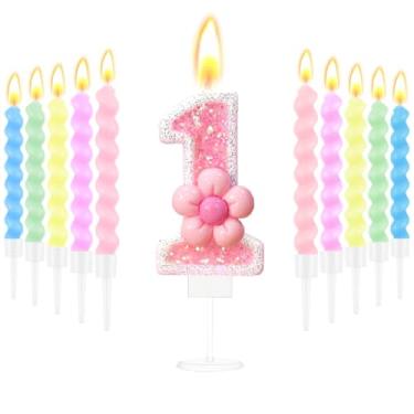 Imagem de Velas de aniversário para bolo rosa número 1 com glitter, 10 peças, velas espirais de aniversário pastel, suprimentos de festa para meninas de 1 ano, decorações de aniversário de casamento