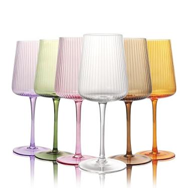 Imagem de WeirdUncle Conjunto de 6 copos de vinho com nervuras coloridas com haste, copos de cristal sem chumbo, presente de luxo, exclusivo, 510 g premium soprado à mão, grande capacidade, design canelado