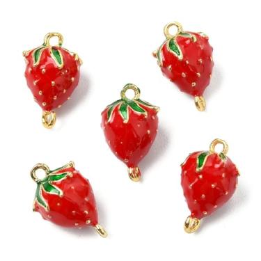 Imagem de UR URLIFEHALL 5 peças de pingentes de conector de esmalte de morango vermelho de latão mini pingentes de frutas para fazer joias, colar, brincos, pulseira, achados de artesanato