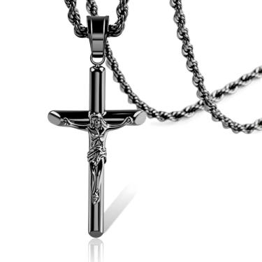 Imagem de Colar de cruz preta para homens, colares de cruz para mulheres, pingente de crucifixo de aço inoxidável moderno com corrente de corda de 53 cm de 3 mm