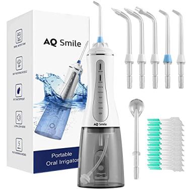 Imagem de Flosser dental de água sem fio aq smile para dentes, irrigador oral portátil com 5 modos 6 pontas de jato, limpador de dentes recarregável de 350 ml para chuveiro de viagem em casa