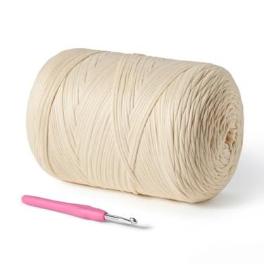 Imagem de Fio de camiseta (800 g/228 jardas), fio de crochê macio para artesanato e faça você mesmo, tecido de crochê/saco/cesta/porta-copos, tecido elástico 100% poliéster grosso (bege)