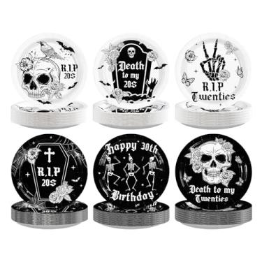 Imagem de Grencian 60 peças de pratos de papel para aniversário de 30 anos, 23 cm, grande, descartável, gótico, morte aos meus 20 anos, prato de sobremesa preto e branco Rip My 20s para decoração de festa de