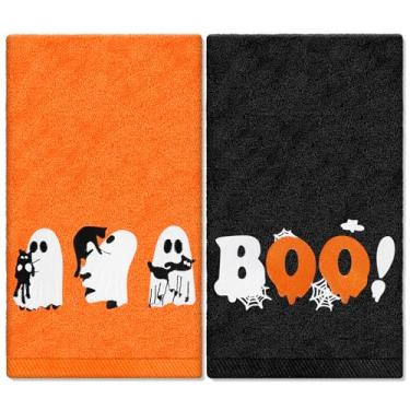 Imagem de JarThenaAMCS Toalhas de mão de Halloween Boo Ghost Black Cat Bordado Algodão Toalha de Banho Absorvente Toalha de Banho para Secagem à Mão Limpeza Cozinhar, 75 x 34 cm, 2 peças